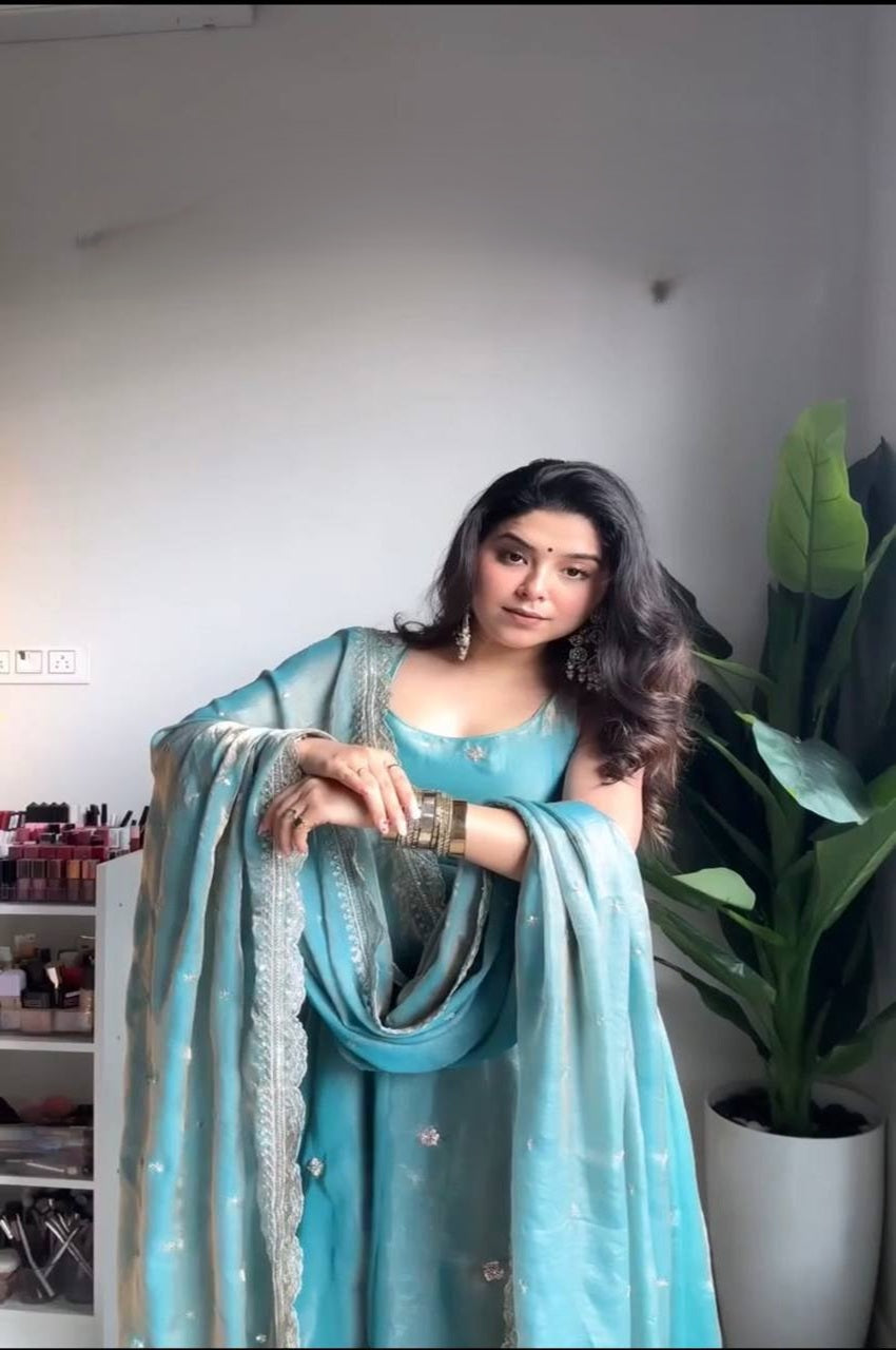 Premium Steel Blue Fandy Silk Anarkali Suit