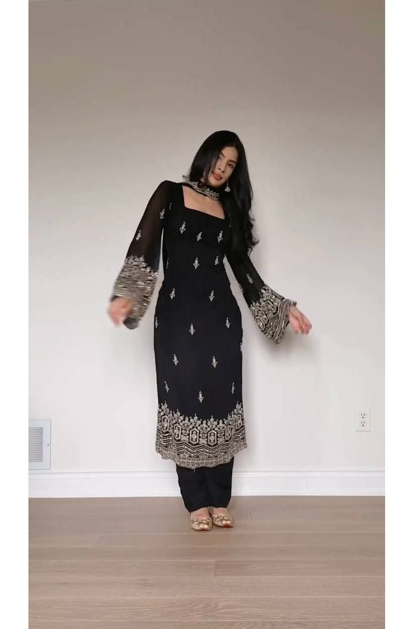 Black Faux Georgette Suit Set with Thread & Sequence Work