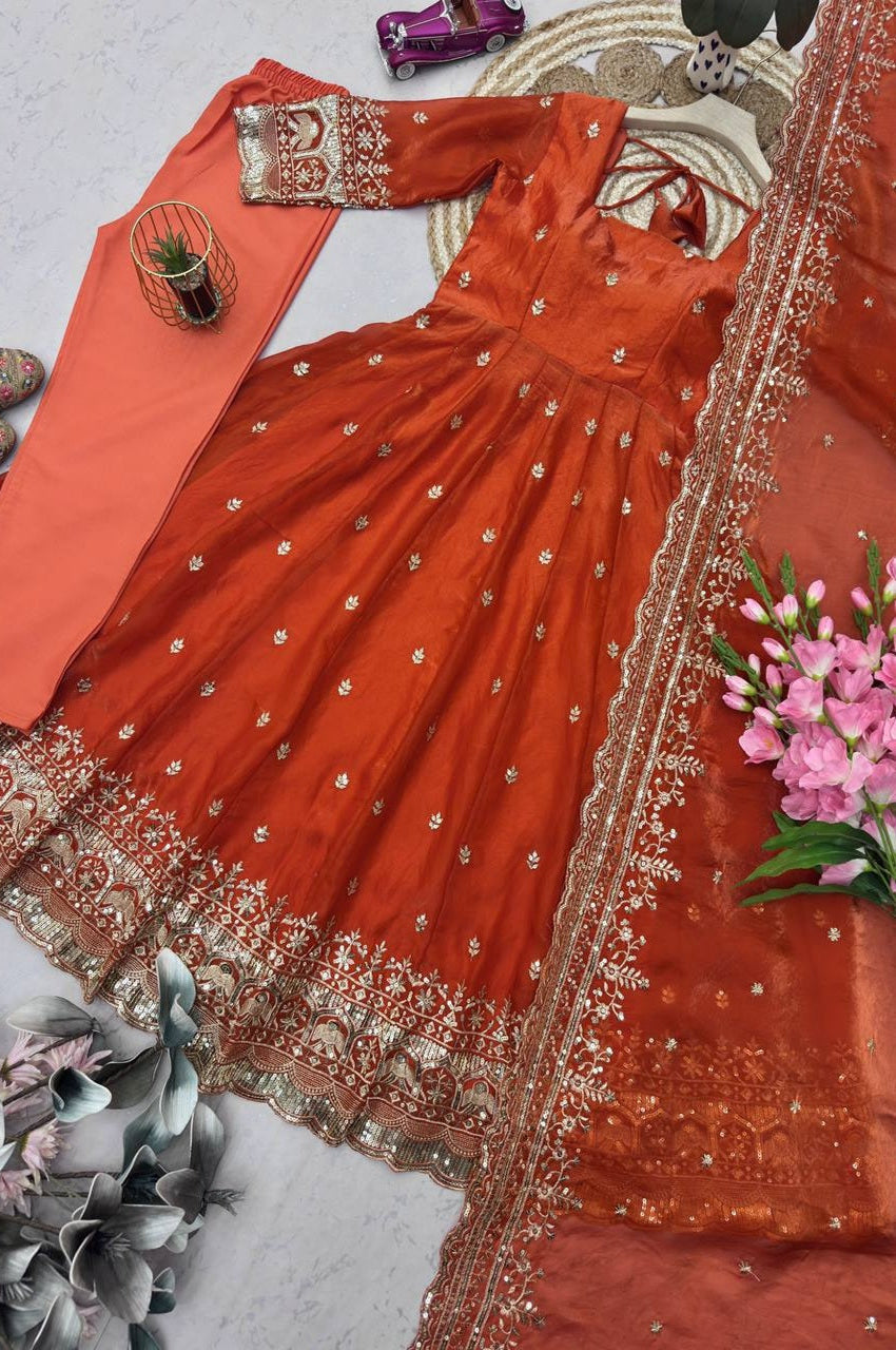 Rust Orange Fandy Silk Gown Set with Embroidery & Sequins Work