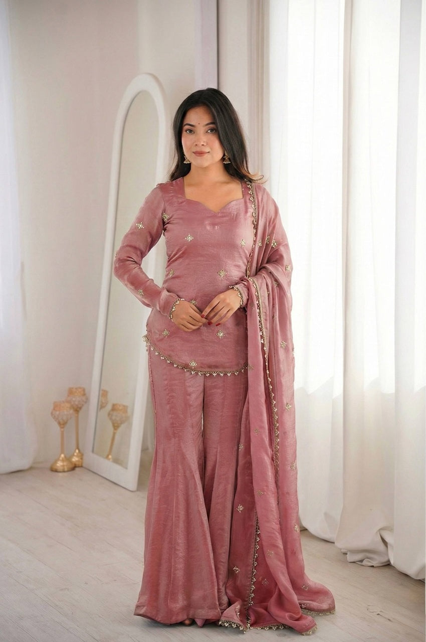 Rose Pink Fendy Silk Embroidery Sequence Sharara Set