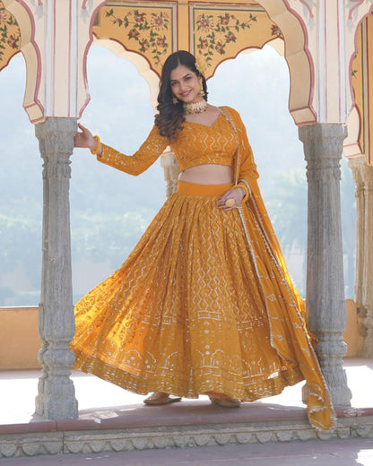 Yellow Color Georgette Heavy Embroidery Threaded Semi Stitched Lehenga Choli