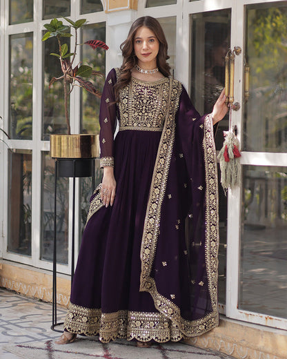 Wine color faux blooming embroidered gown