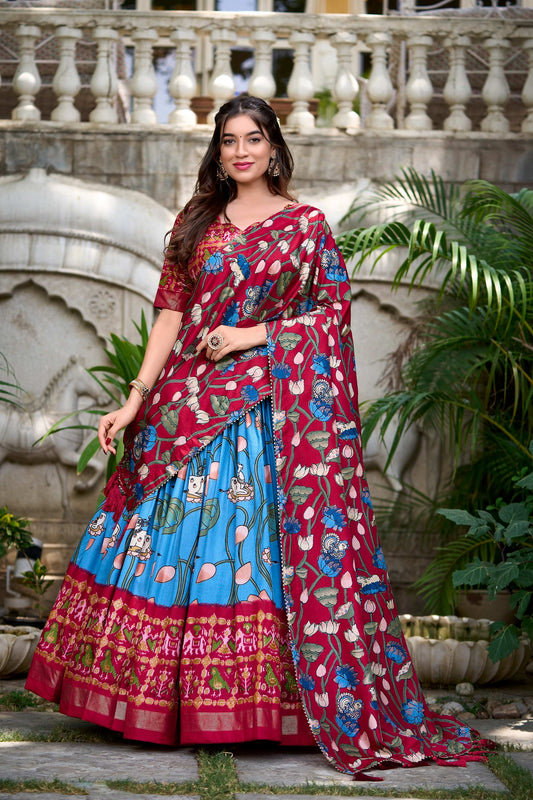 Tussar Silk Lehenga Choli with Pichwai and Patola Prints