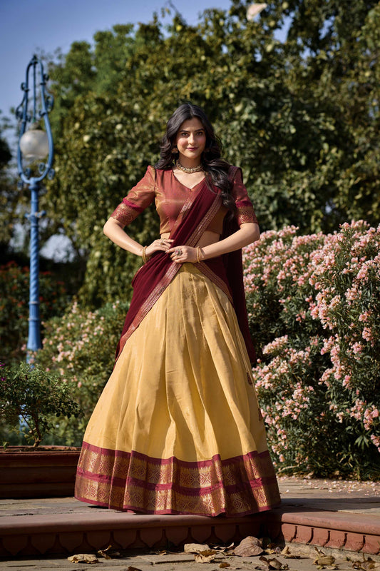 Cream Color Zari Weaving Work Kanchipuram Lehenga Choli