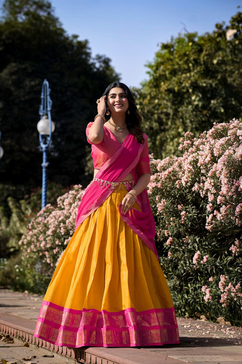 Mustard Color Zari Weaving Work Kanchipuram South Indian Lehenga Choli