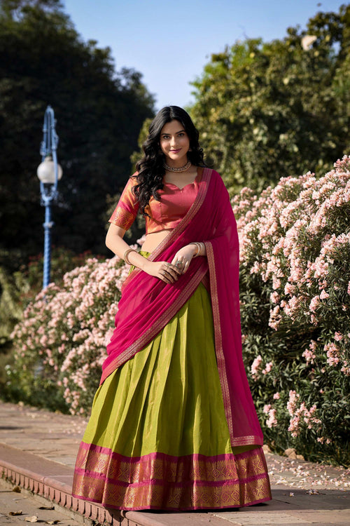 Parrot Green Color Zari Weaving Work Kanchipuram South Culture Lehenga Choli