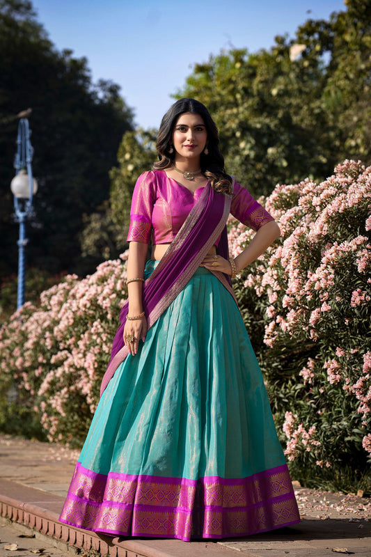 Sky Blue Color Zari Weaving Work Kanchipuram Women Lehenga Choli