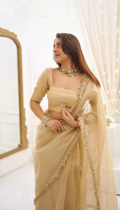 Beige Gold Fendy Silk With Far Border Saree