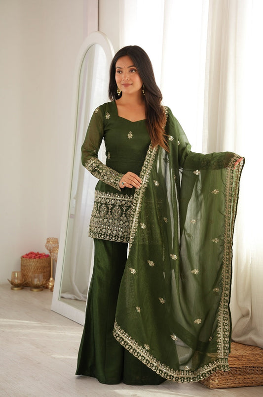 Rangoon Green Crunchy Silk Kurti Set with Bell Bottom Pants and Dupatta