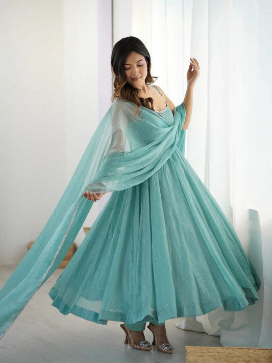 Sky Blue Color Crunchy Silk Ethnic Anarkali Suit with Dupatta