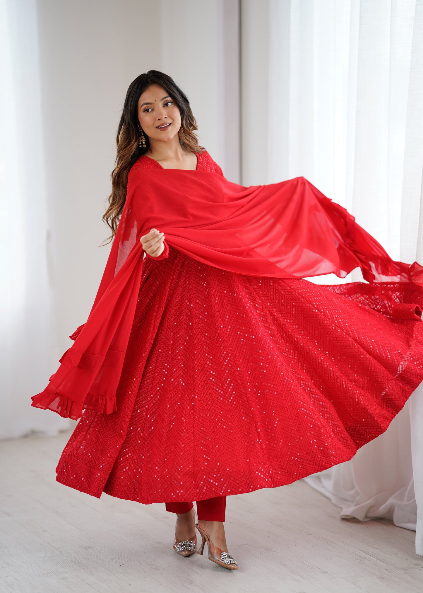 Red Color Georgette Lucknowi Three Piece Anarkali Suit