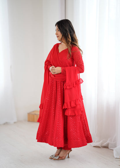 Red Color Georgette Lucknowi Three Piece Anarkali Suit