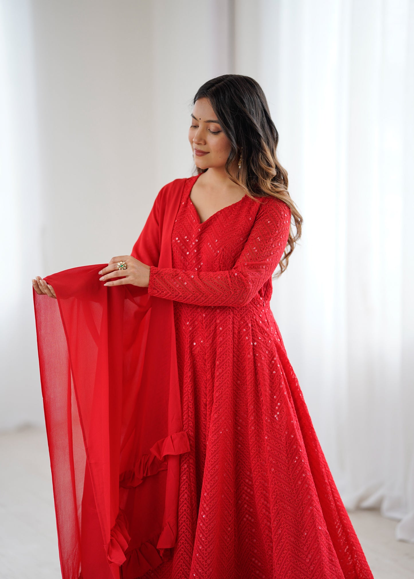 Red Color Georgette Lucknowi Three Piece Anarkali Suit
