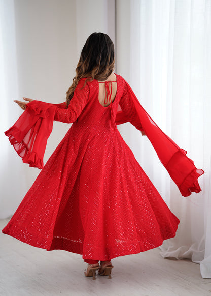 Red Color Georgette Lucknowi Three Piece Anarkali Suit
