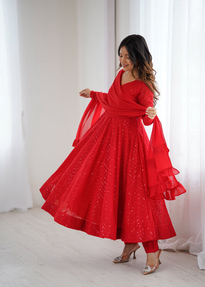 Red Color Georgette Lucknowi Three Piece Anarkali Suit