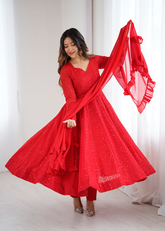 Red Color Georgette Lucknowi Three Piece Anarkali Suit