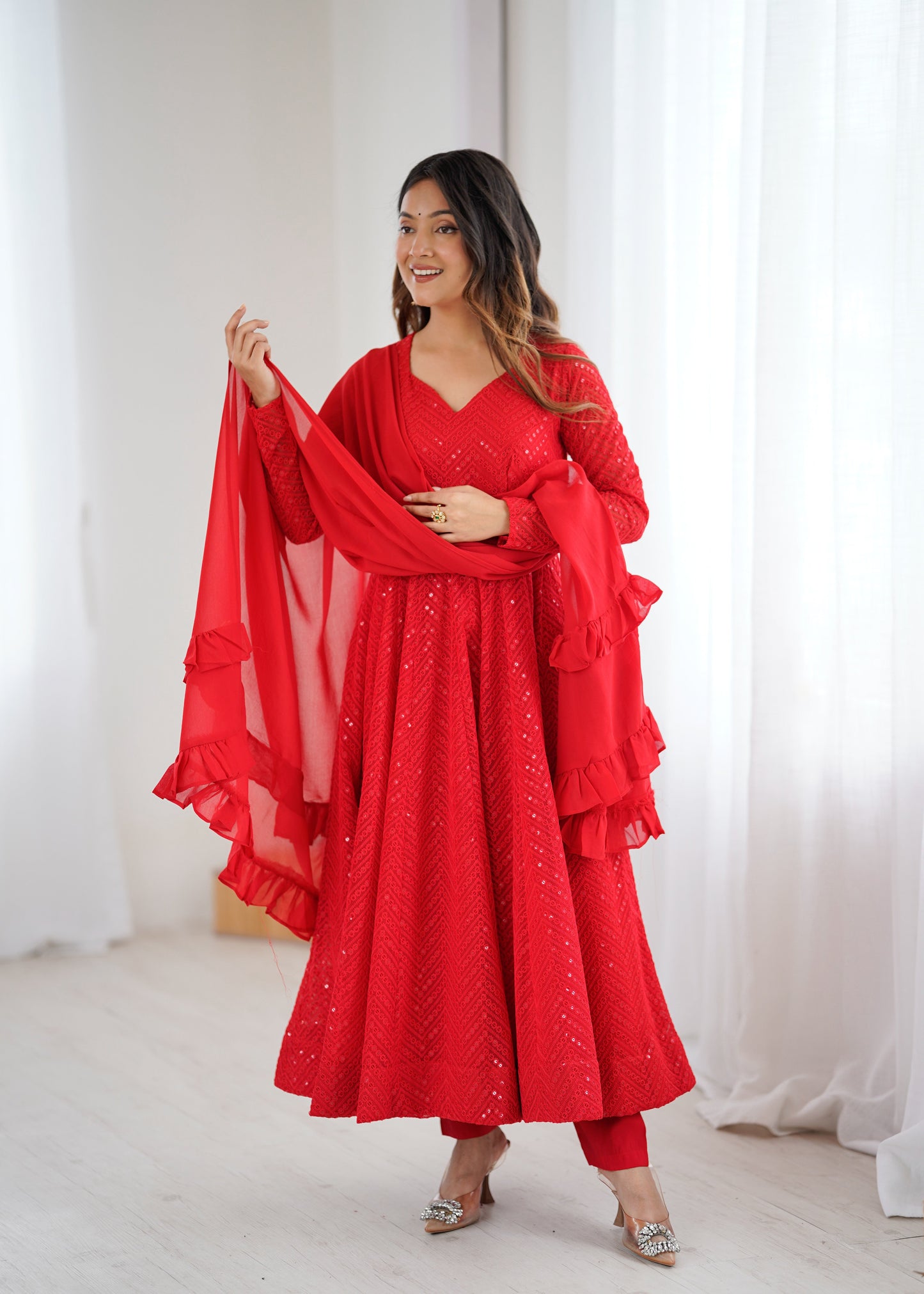 Red Color Georgette Lucknowi Three Piece Anarkali Suit