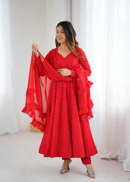 Red Color Georgette Lucknowi Three Piece Anarkali Suit
