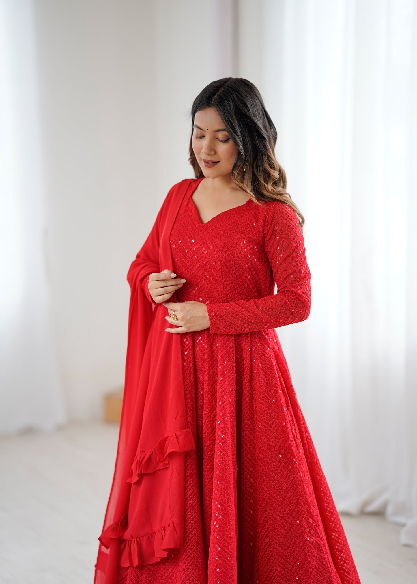 Red Color Georgette Lucknowi Three Piece Anarkali Suit
