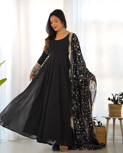 Presenting Black Georgette Gown Dupatta Full Set With Pent Ready To Wear