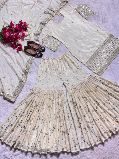 Delightful White Color Georgette Embroidery Work Sharara Suit