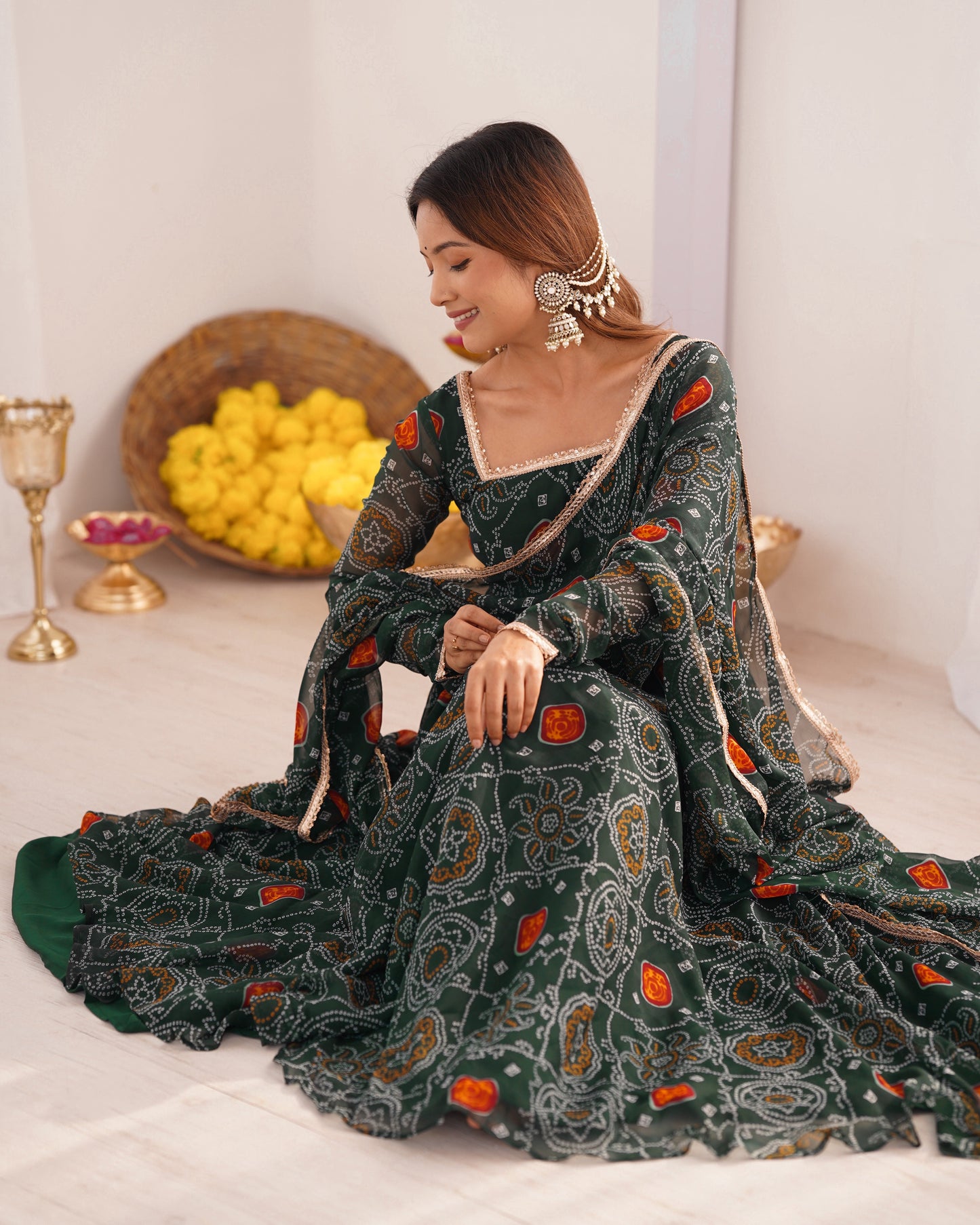 Green Color Bandhej Print Soft Chiffon Anarkali Gown