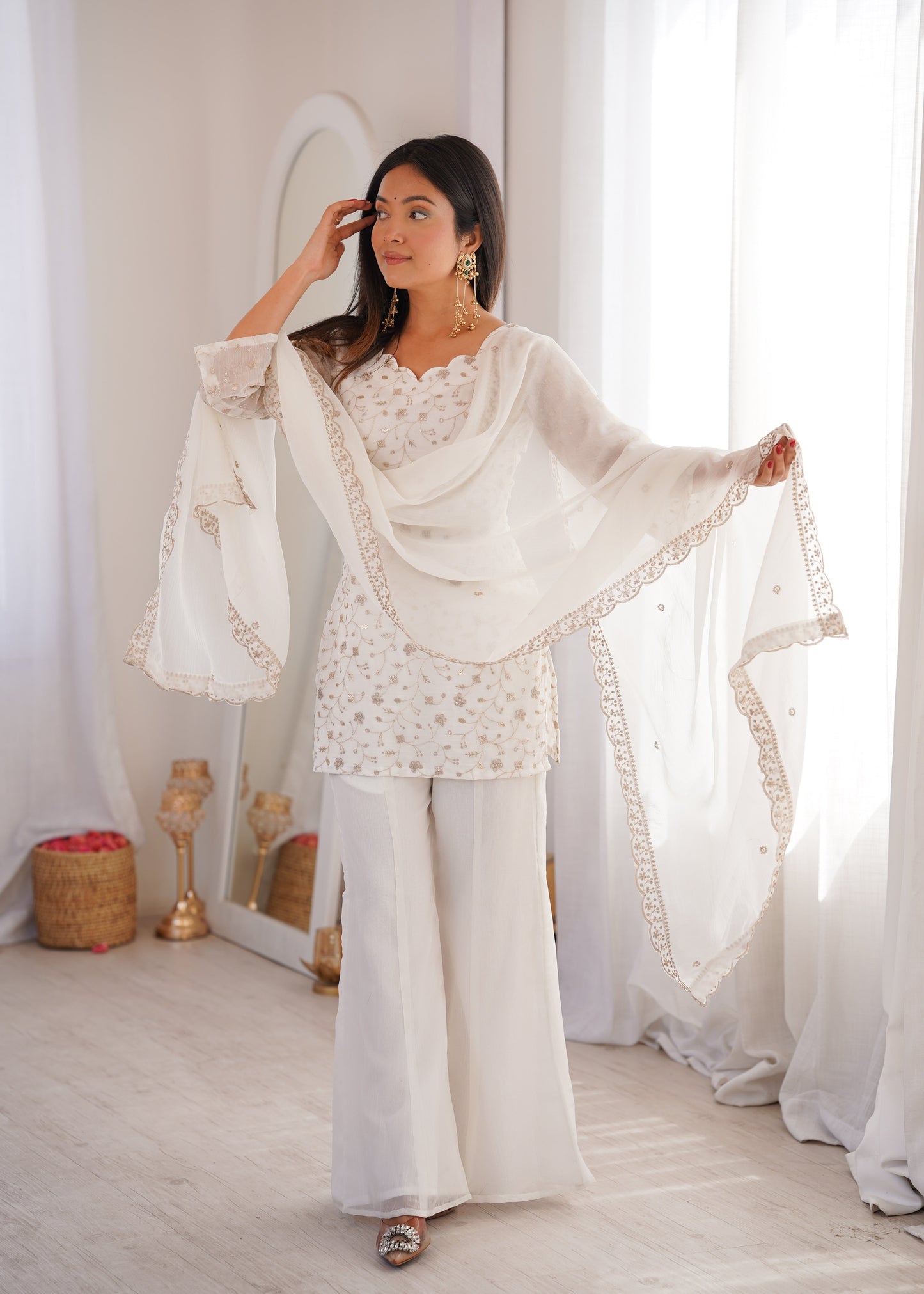 Off-White Color Crunchy Silk Embroidered Plazzo Suit