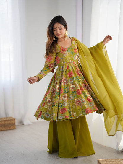 Mehndi Color Roman Silk Discharge Printed Plazzo Suit (Copy)