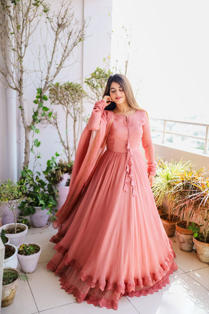 Solid Long Flair Double Layered Anarkali With Dupatta