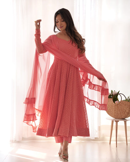 Dark Peach Color Georgette Lucknowi Three Piece Anarkali Suit