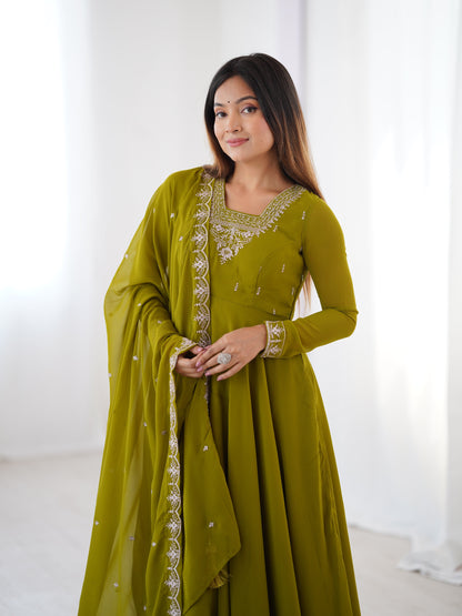 Mehndi Green Color Georgette Embroidered Three Piece Anarkali Suit