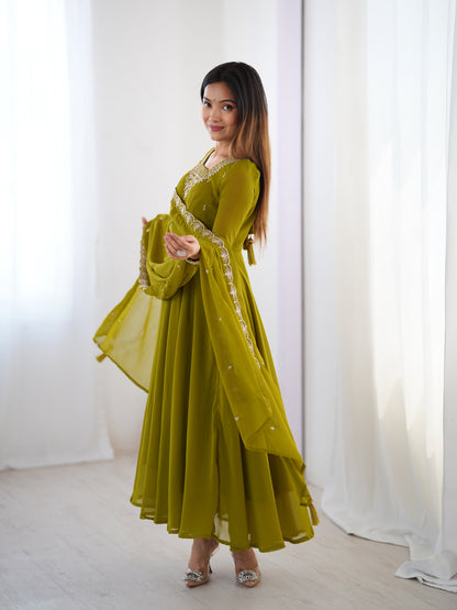 Mehndi Green Color Georgette Embroidered Three Piece Anarkali Suit
