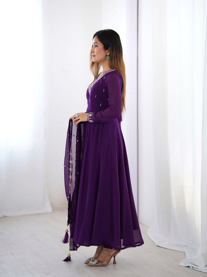 Purple Color Georgette Embroidered Three Piece Anarkali Suit