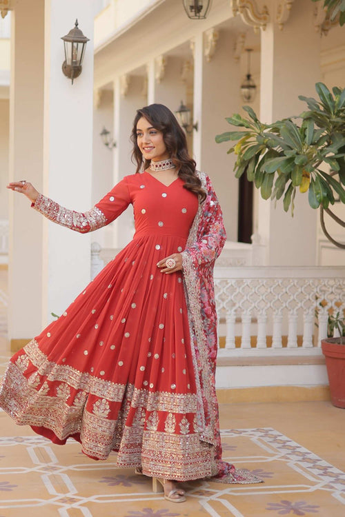 Orange Heavy Embroidery Work Gown with Dupatta