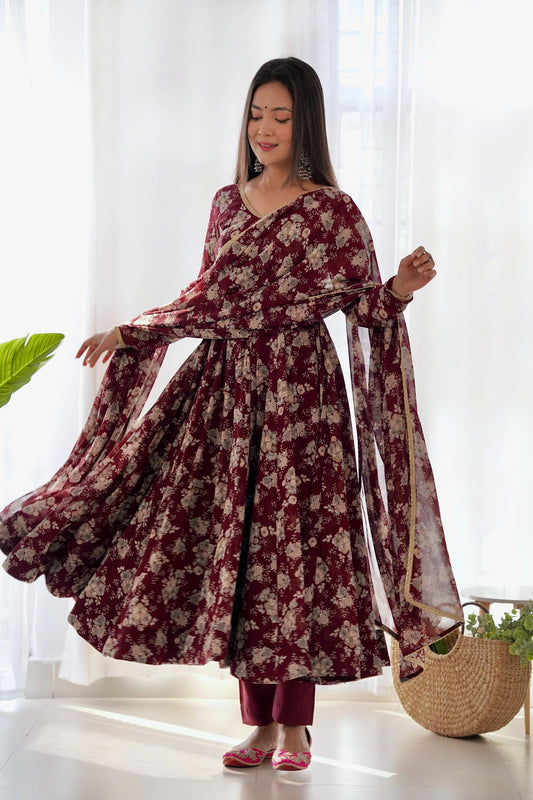 Elegant Multi Floral Print Fox Georgette Anarkali Suit Set