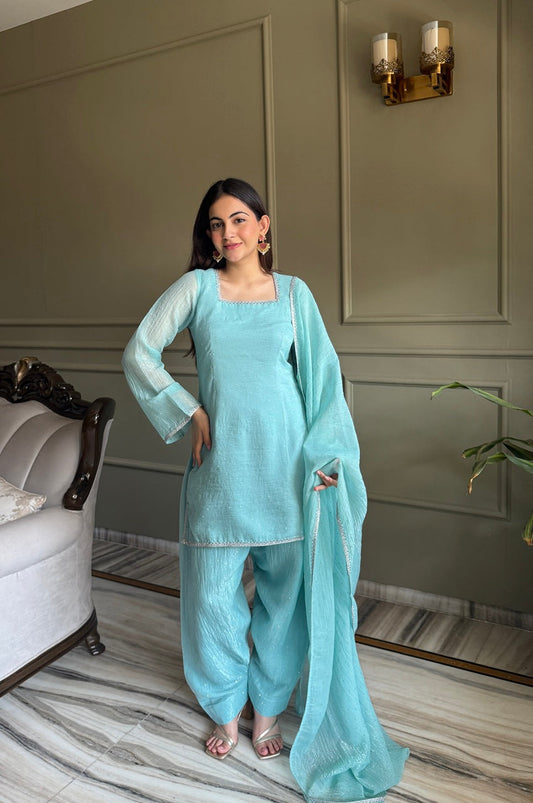Cute Teal Crunchy Silk Farshi Salwar Suit
