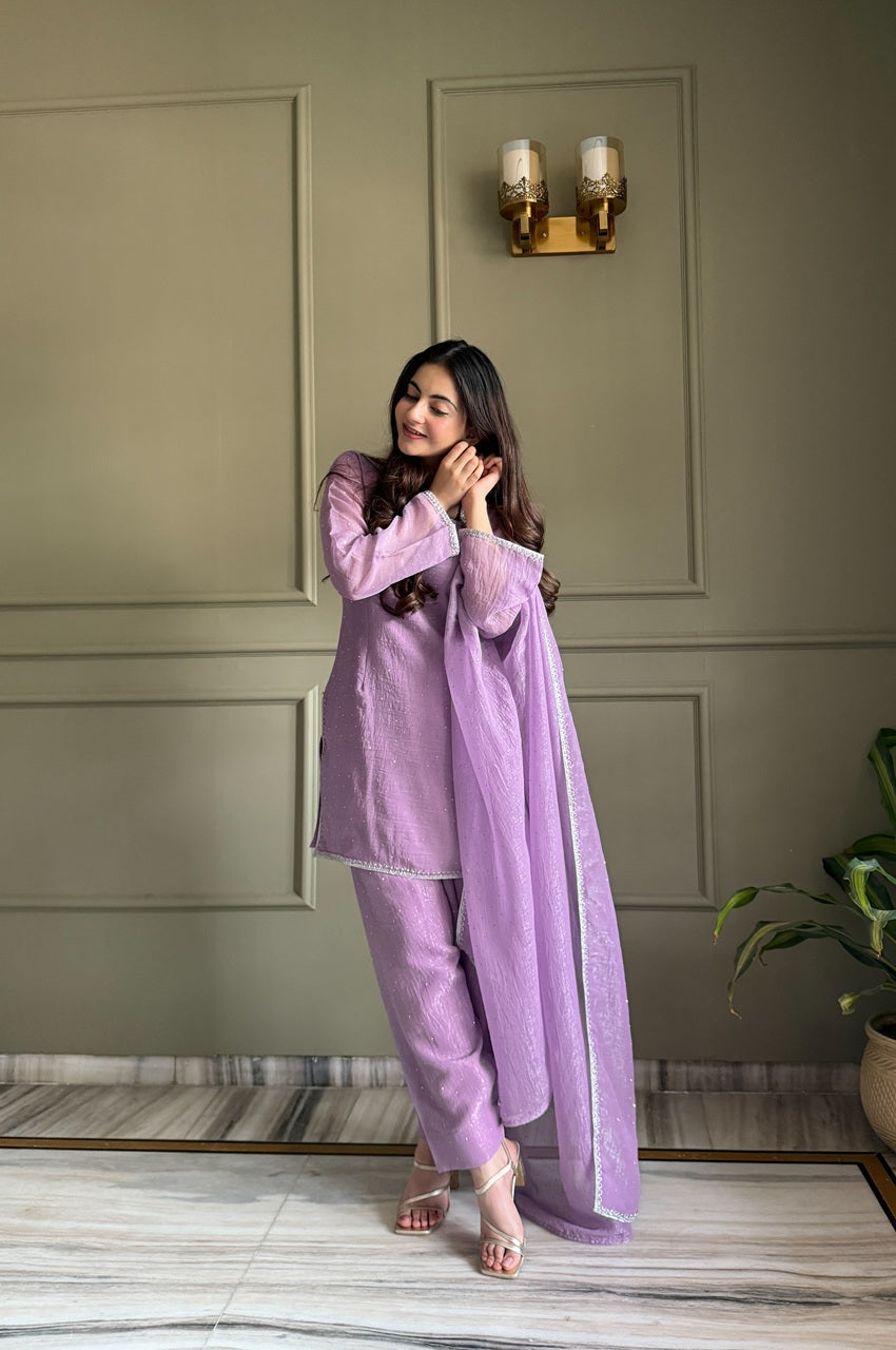 Purple Crunchy Silk Farshi Salwar Suit with Swarovski Work