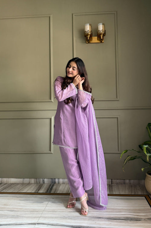 Purple Crunchy Silk Farshi Salwar Suit with Swarovski Work