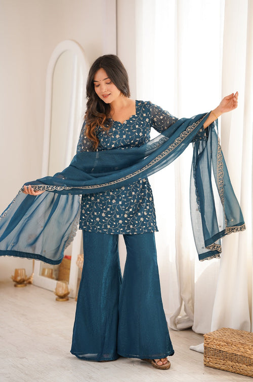 Teal Blue Crunchy Silk Kurta Set with Embroidery Sequence & Jari Wor