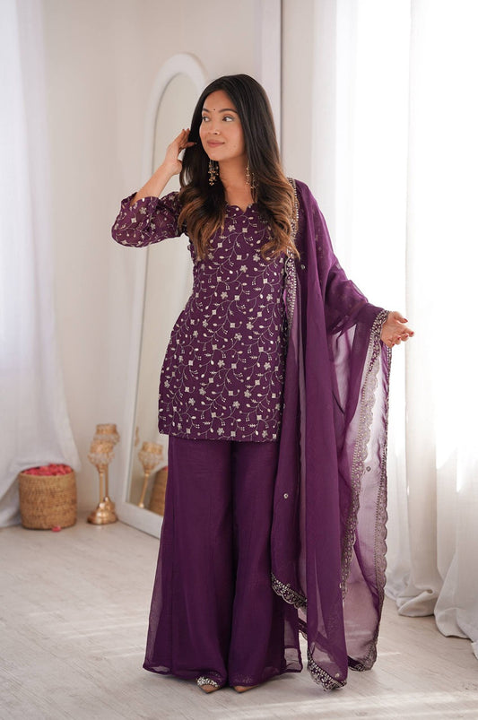 Wine Crunchy Silk Embroidered Kurta Set with Bell Bottom