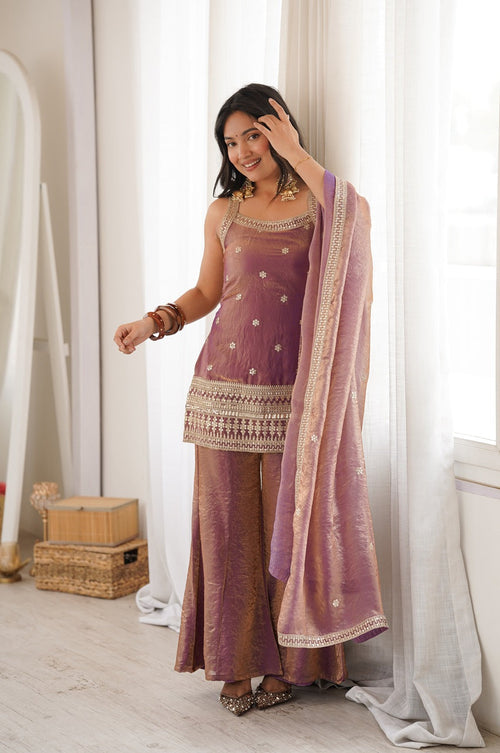 Premium Dusty Pink Frendy Silk Embroidered Kurta Set with Bell Bottom Pant