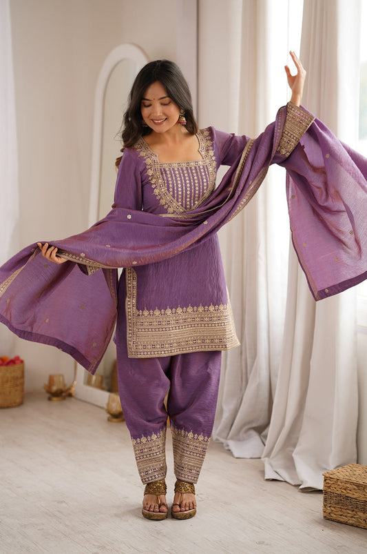 Grape Purple Vichitra Silk Embroidered Kurta Set with Farshi Shalwar
