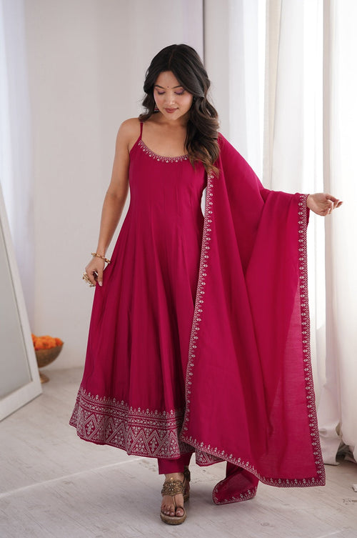 Rani Pink Roman Silk Chanderi Anarkali Gown Set with Pant and Dupatta