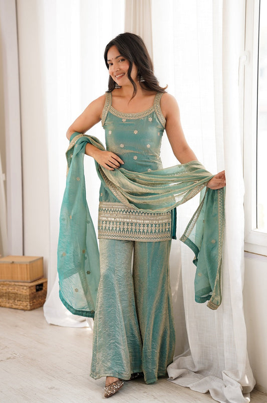 Premium Steel Green Frendy Silk Embroidered Kurta Set with Bell Bottom Pant