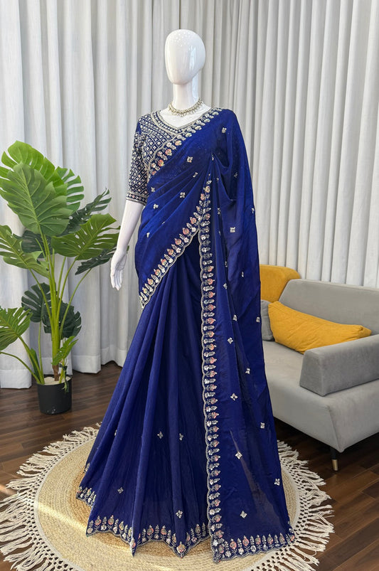 Royal Blue Fendy Silk Saree with Heavy Beads Work