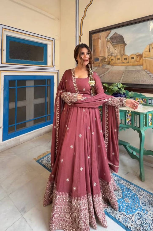 Dark Rose Mul Chanderi Silk Gown Set