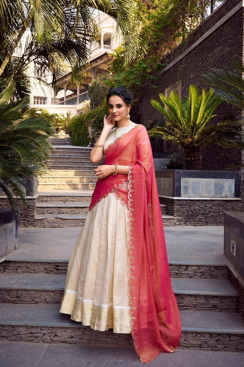 Silent Beige Jacquard Chex Zari Weaving Lehenga Choli