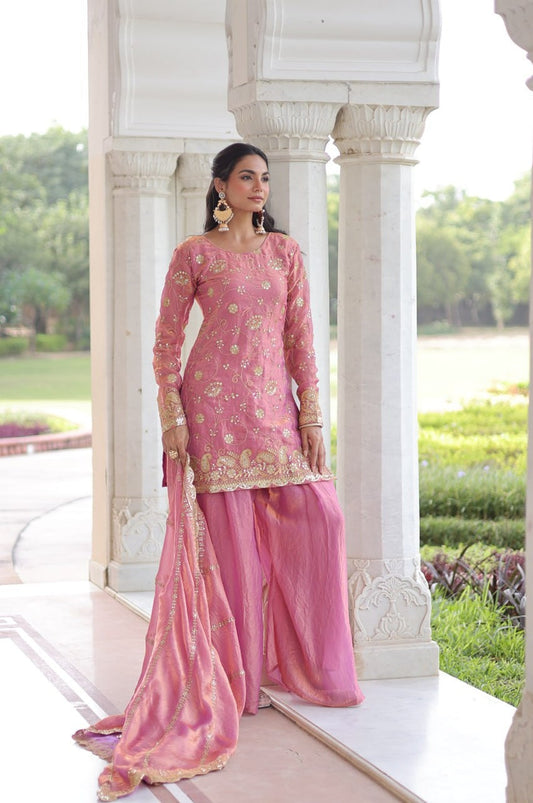 Charm Pink Color Fendy Silk Sharara Set