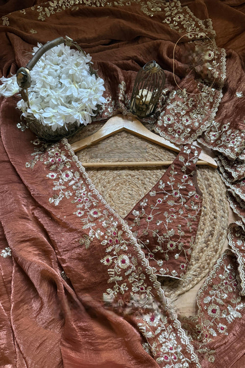 Rust Copper Fendy Chiffon Saree
