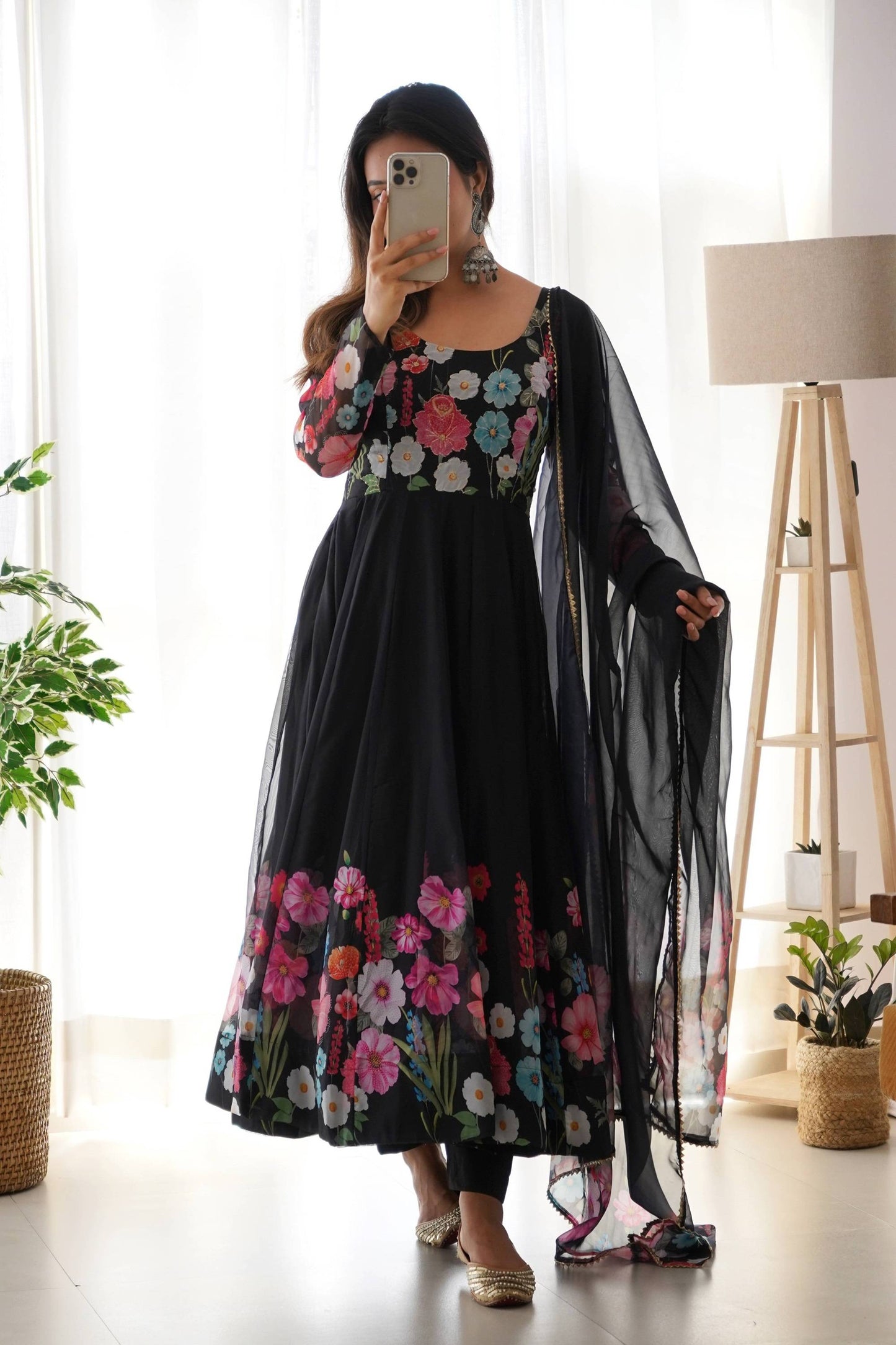 Elegant Black Floral Print Anarkali with Zari Work and Dupatta - Ready-to-Wear
